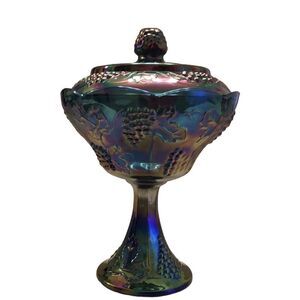 Vintage Indiana Glass Harvest Grape Blue Carnival Compote W/Lid Vintage